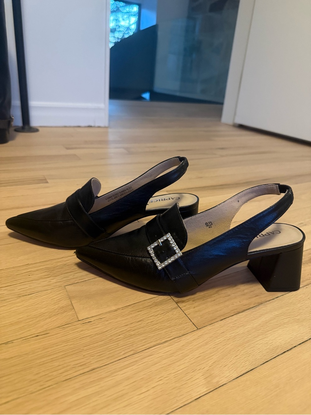 Black Slingback Pointed Toe Block Heels with Rhinestone Buckle
